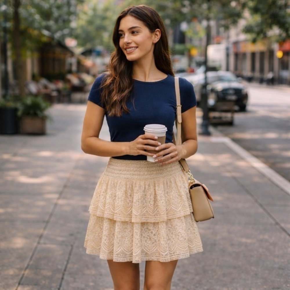 Raga Ivory Tiered Lace Lined Mini Skirt | Vintage-Inspired Boho NWT M #1966